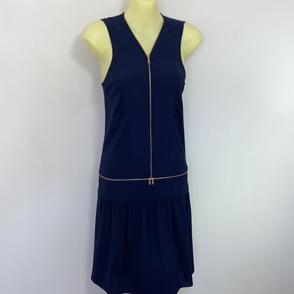 Sandro Paris Dress Navy Gold Tone Zipper Accent Ruffle Hem Nwot Sm - Picture 6 of 8